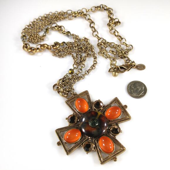 Chico's Maltese Cross Pendant Necklace, Orange Cabochons, Rhinestone, 35" Chain - Picture 5 of 11